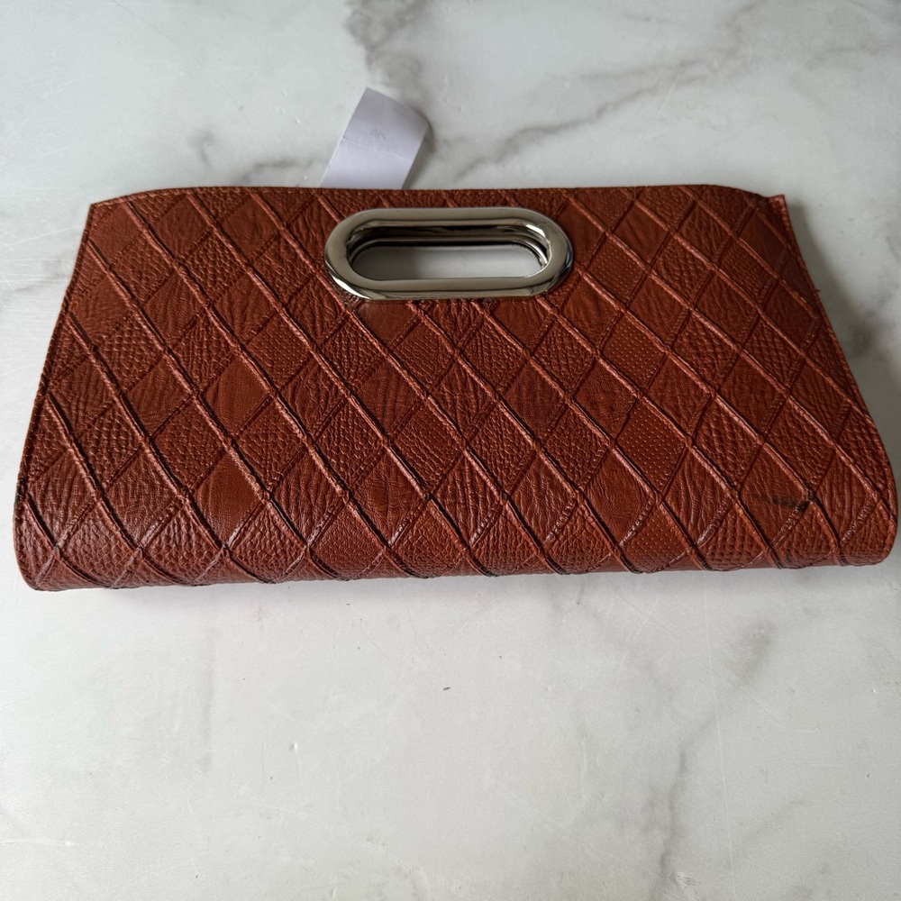 Brown Synthetic Quilted Leather Top Handle Clutch New!
